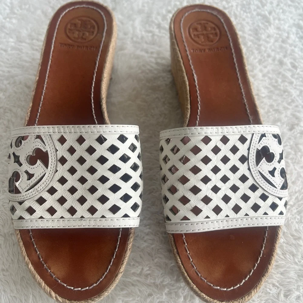 Tory Burch Sz 9 White Leather Logo Espadrille Wedge Platform Sandals Slide